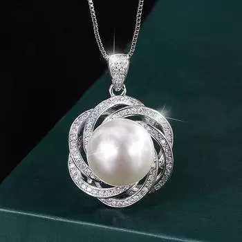 Jewelry Copper Plated Real Gold Inlaid Fritillary Pearl Lace Temperament Diamond Inlaid Pendant Necklace 14Mm