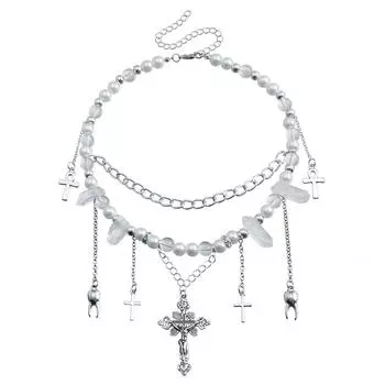 Jewelry, Cross Metallic Tooth Pendant Necklace, Small Fresh Alloy Imitation Pearl Clavicle Chain