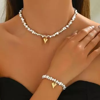 Jewelry Explosive Ladies Necklace Bracelet Set Geometric Love Crushed Silver Irregular Design Clavicle Chain