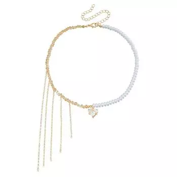 Jewelry Exquisite Texture Love Zircon Pendant Fringed Crystal Pearl Splicing Collarbone Chain I Necklace золотой