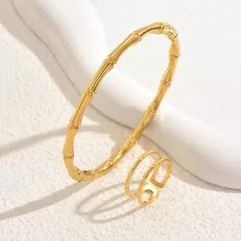 Jewelry Fashion Bamboo Metal Electroplating Design Bracelet Niche Open Ring Jewelry Set Versatile