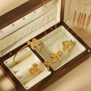 Jewelry high-end niche necklace does not fade women s summer bow 18k gold stainless steel stud earrings titanium steel ring
