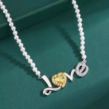 Jewelry Imitation Natural Pearl Pendant Qixi Festival Gift Yellow Love Rhinestone Pearl Necklace