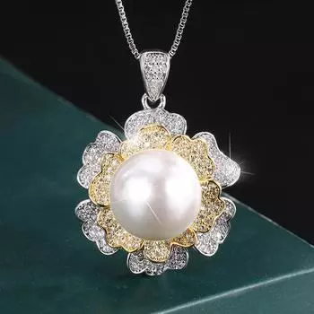 Jewelry Inlaid Austrian Fritillary Pearl Gold-Plated Color-Separated Diamond-Set Flower Women S Pendant Necklace 14Mm
