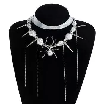 Jewelry Silver Leather Spider Tassel Clavicle Chain Y2K Subculture Light Luxury Spice Girl Necklace