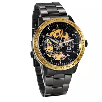JewelryWe Automatic Skeleton Analog Stainless Steel Business Popular Day Gift Men s Watch, Stylish, Waterproof, Numbers, Belt, Casual, Watch, Black,