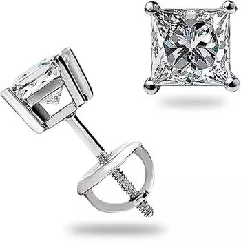 Jewels Prim 1.05 Ct Princess cut MOISSANITE Studs Earrings Solid 14k White Gold Screwbk Gift 15MM серебряный