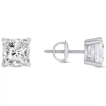 Jewels Prim 3.5 Ct Princess Cut Earrings Studs Real Solid 14K White Gold Screw Back Basket 15MM серебряный