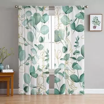 Эвкалиптовое растение зеленые листья абстрактные прозрачные шторы для украшения гостиной оконные шторы кухонные тюль вуаль шторы W135 x H115cm x1