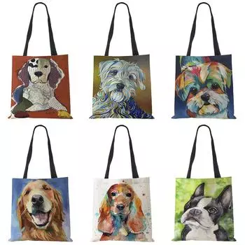 Эксклюзивная картина маслом с принтом собаки, сумки на плечо для продуктов, папийон, мопс-ретривер, женская сумка на плечо, большая вместимость