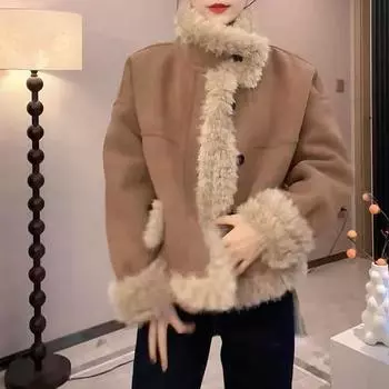Эксклюзивная женская куртка этой осени и зимы, однобортная, однотонная, с воротником-стойкой, с утолщенным мехом и длинными рукавами. M