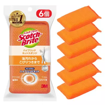 [Эксклюзивно для .co.jp] 3M Губка для кухни, не царапающая, антибактериальная, гибридная, сетка, оранжевая, 6 шт., Scotch Brite HBNT, общая уборка