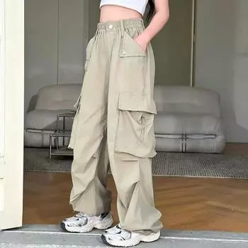 Эксклюзивные летние брюки карго для девочек 2025 года: Легкий, Свободный, Широкий стиль для детей среднего и старшего возраста 150 cm хаки
