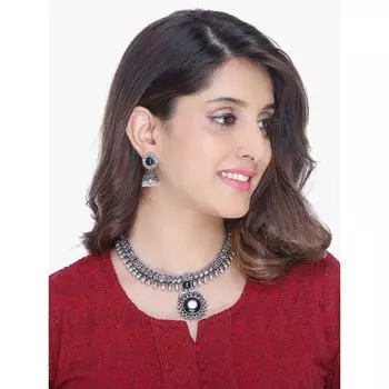 Эксклюзивный антикварный дизайн, винтажное колье-чокер из окисленного серебра с камнем Колхапури, комплект с серьгами Jhumka для женщин и девочек