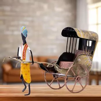 Экспонат железного рикши ручной работы — винтажный настольный декор Раджастхани с ручной росписью для дома и офиса, 12 дюймов