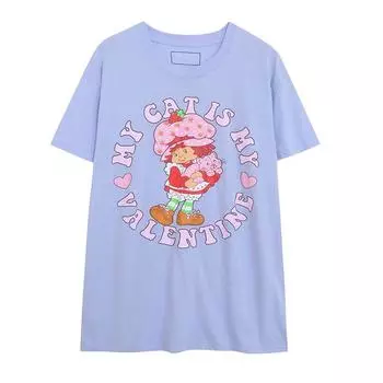 Экспорт Летняя Футболка с Принтом Письма Девочка-Клубничка Женская Средней Длины Длинная Длина Приталенная Повседневная Удобная С Коротким Рукавом Топы Моложе Slight Flaw M