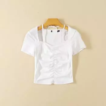 Экспорт Летняя женская одежда K-стиль Хлопок Плиссированный На шнуровке Сексуальный квадратный вырез Короткий Эластичный Облегающий Скрывающий недостатки Живот Кроп-топ Футболка White M