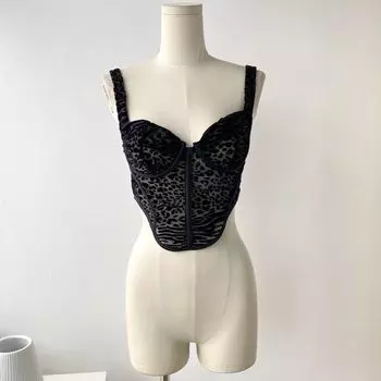 Экспорт Мода Леопардовый Принт Бархат Выжженный Цветок Перспектива Сетка Майка Сексуальная Открытая Спина Косточки Асимметричный Короткий Топ Black/In Stock S