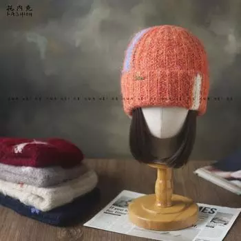 Экспорт осенне-зимняя новая модная нишевая шапка контрастного цвета из вязаной шерсти, термозащитный головной убор 072 M56-58cm оранжевый