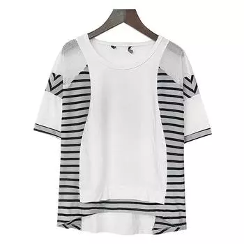 Экспорт Женская одежда Летняя футболка с коротким рукавом Ажурная Повседневная Свободная Сетчатая с круглым вырезом Топ Рукав до локтя Полоски Маленькая рубашка Q90 White Stripes (gray) 85#