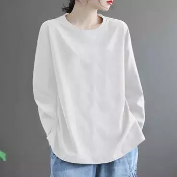 Экспортная скидка Экспорт 100% Чистый хлопок Модная футболка с длинным рукавом Базовая рубашка Свободный темперамент Женская Модная футболка с круглым вырезом White [pure color]] 2XL