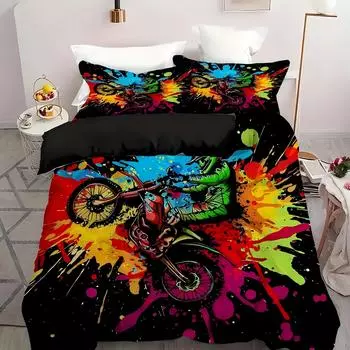 Экстремальный спорт Тай-дай Цвет Грязь Мотоцикл 3D Принт Для Мальчиков Мужчин Постельное Белье Покрывало Наволочка Красочный Граффити Стиль Пододеяльник EU single(135x200cm)