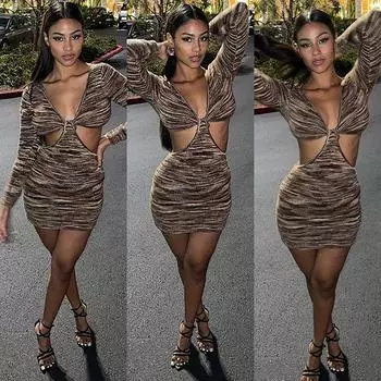 JH5906 Женское сексуальное платье в европейском и американском стиле с V-образным вырезом и длинными рукавами в рубчик XXL коричневый