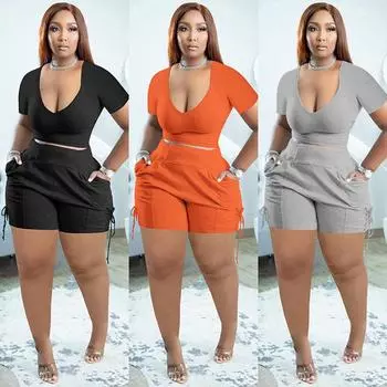 JH5935 European & American Women s Fashion: Sexy V-Neck Solid Color Casual Summer Two-Piece Suit XL