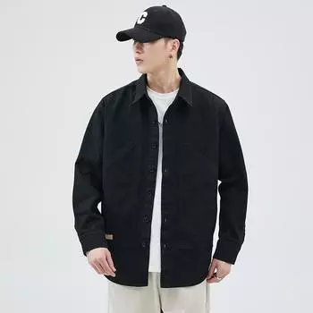 Ji American ретро джинсовая куртка мужская свободная большого размера черная простая инструментальная куртка модный бренд M чёрный