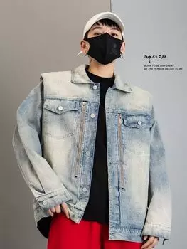 Ji American Retro Washed Denim Jacket Men s And Women s Trendy Brand Niche Shoulder Padded Design Универсальное пальто Tide M синий