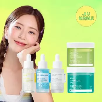 [JI U BUNDLE] Neogen Real Charcoal Pad, сыворотка с пантенолом, сыворотка с ниацинамидом 15%, сыворотка с пептидами, увлажняющий марлевый пилинг PHA с зеленым чаем + 10 фотокарточек