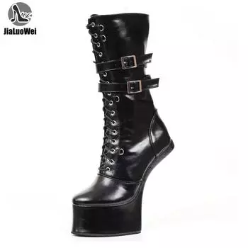JIALUOWEI/Новые сексуальные ботинки на высоком каблуке 7 дюймов в стиле БДСМ, на платформе в стиле панк, до середины икры, размер 36-46 36 чёрный
