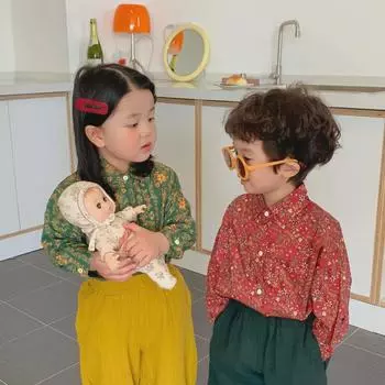 Jiaye 2024 Весенняя цветочная рубашка с длинными рукавами для детей - Ретро-стиль Гонконга 120cm зелёный