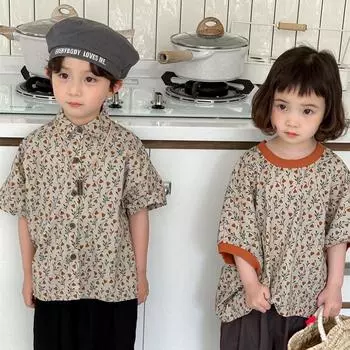 Jiaye 2025 Летние футболки с короткими рукавами с цветочным принтом для детей — для мальчиков и девочек, братьев и сестер, парная одежда 130 cm