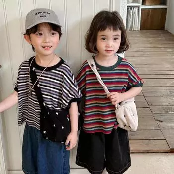 Jiaye Лето 2025 Красочные Полосатые Футболки для Детей - Унисекс Свободный Крой, Круглый Вырез, Короткие Рукава 100 cm красный