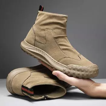 Jiefan Road 2024 Новые кожаные весенне-осенние взрывные износостойкие и нескользящие темпераментные флип-меховые средние модные парусиновые мужские ботинки 39 чёрный