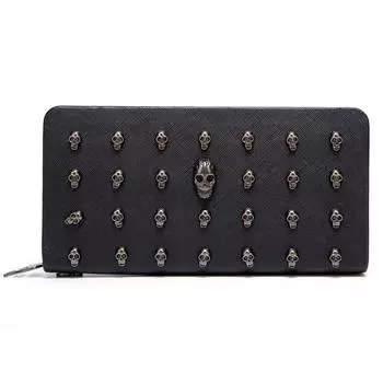 JIEROTYX женские черные длинные кошельки с шипами и черепом кожаный кошелек с держателем для карт для женщин готические кошельки на запястье клатч черная молния