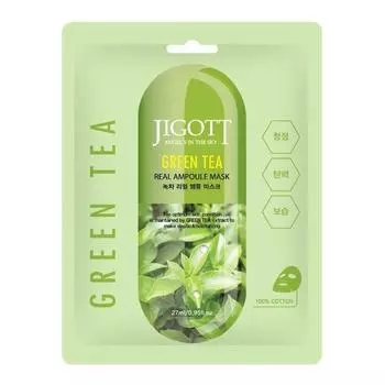 JIGOTT GREEN TEA REAL AMPOULE MASK Тканевая маска для лица с экстрактом зелёного чая 27мл