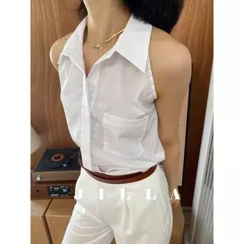 Jilla Summer Italian Poplin Long-Staple Cotton White Shirt Sleeveless Sun Protection Shirt Modern Western Style Halterneck Shirt Slim Looking White with pocket trim S