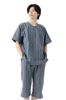 Jinbei Henley Neck Роскошная повседневная пижама Сделано в Японии Shijira Button Стильная Kurume Ori BOTAN LL Синяя полоса [TAYU-TAFU] Мужская для папы