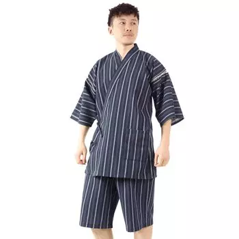 Jinbei Хлопковая домашняя одежда для джентльменов, летний фестиваль, фейерверки, классная японская одежда, комплект верхней и нижней части, домашняя одежда в полоску на темно-синем [Poweforest] Мужская