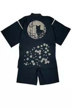 Jinbei Shijira Weave Cool Summer Cotton Discharge Printed Cat Pattern Original Pattern Round Window Cat and Cherry Blossoms Navy L [Edoten] 100% Mens