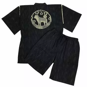 Jinbei Shijira Weave Cool Summer Cotton Discharge Original Pattern Japanese Pattern Shiba Inu and Plum Arabesque Black M [Edo Ten] 100%