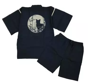 Jinbei Shijira Weave Cool Summer Cotton Discharge Printed Cat Pattern Original Pattern Round Window Cat Navy M [Edoten] 100% Mens