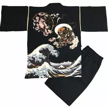Jinbei Shijira Weave Cool Summer Cotton Print Original Pattern Wind God Raijin Wave Color Navy LL [Edo Ten] 100% мужская