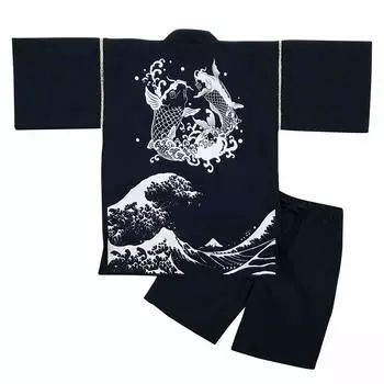 Jinbei Shijira Weave Cool Summer Cotton Print Original Pattern Wave and Twin Carp Navy L [Edo Ten] 100% мужская