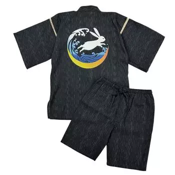 Jinbei Shijira Weave Cool Summer Cotton Printed Original Pattern Crescent Moon and Hato Black L [Edo Ten] 100% Mens