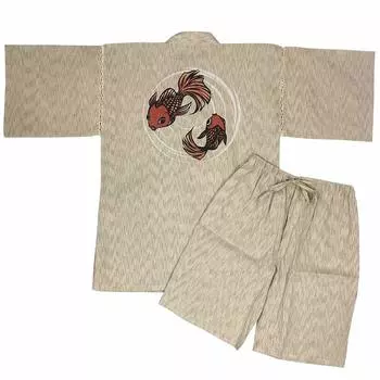 Jinbei Shijira Weave Cool Summer Cotton Textile Print Original Pattern Retro Goldfish Beige LL [Edo Ten] 100% Mens