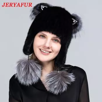 JINGERYA зимние шапки для женщин и девочек, шапка из натурального норкового меха, детская зимняя шапка с кошачьими ушками, популярная пушистая лисья меховая шапка с бриллиантовыми ушками, вязаные норковые шапки