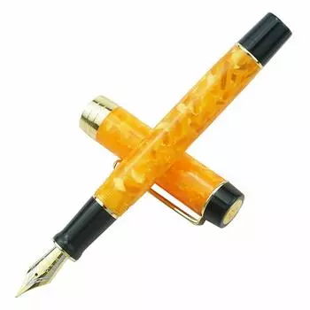 Jinhao 100 Классическая перьевая ручка Оранжевый мрамор Целлулоид Среднее перо Конвертер и Набор с пеналом оранжевый